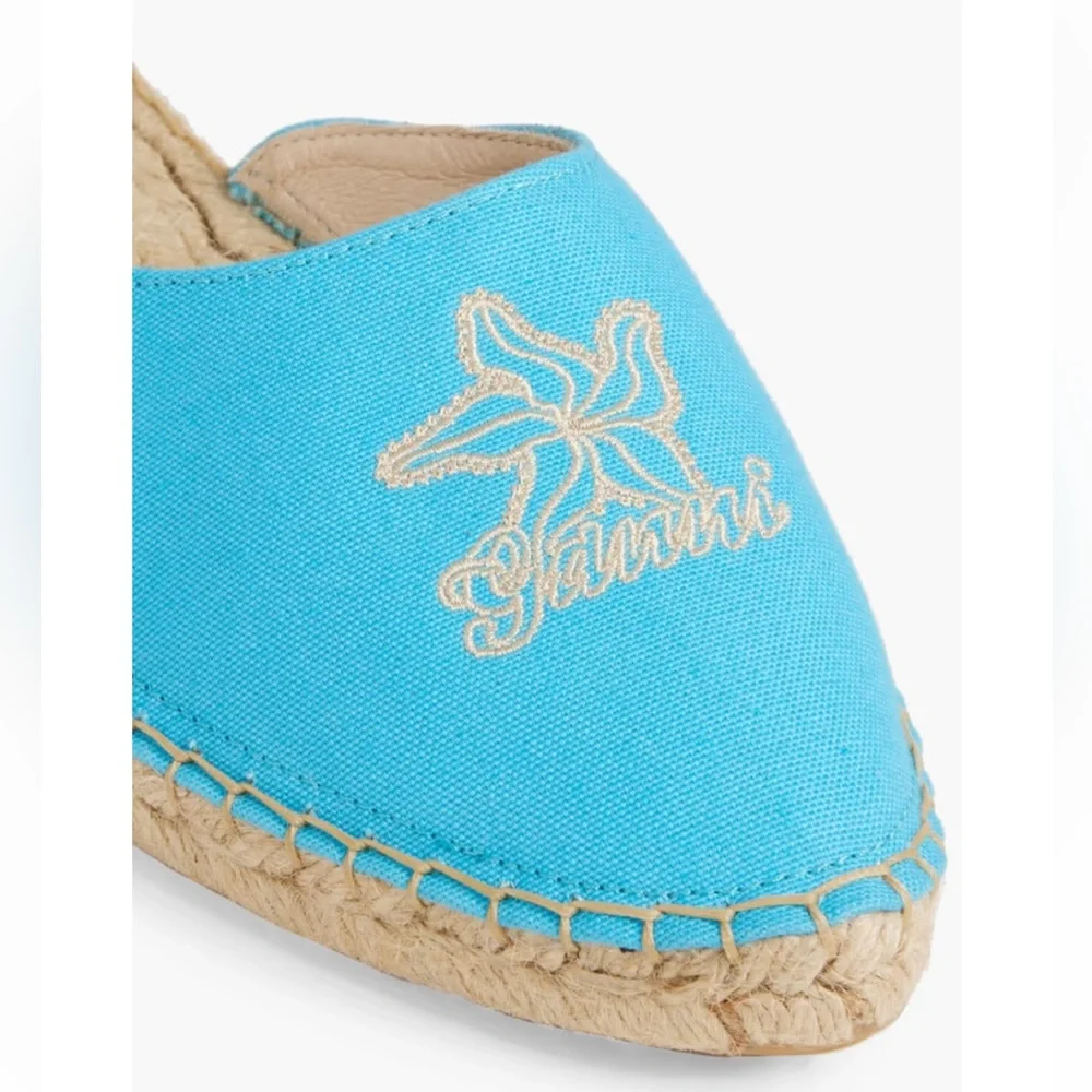 GANNI Embroidered Canvas Espadrille Slippers Turquoise Women’s Size 9 EU 39 NIB